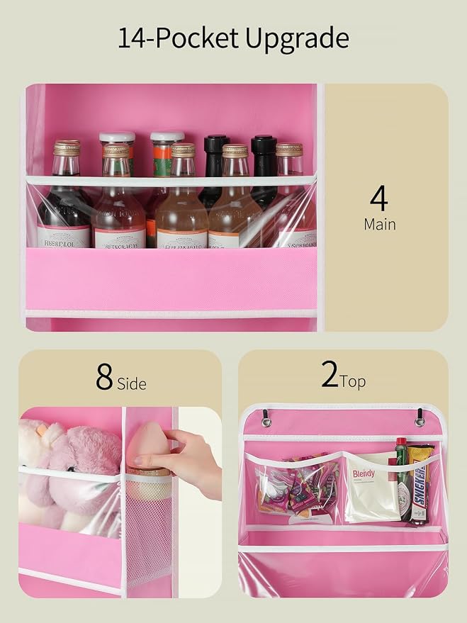 Yecaye 5 Tier Over the Door Organizer, Swing-proof Door Organizer Hanging with Clear PVC Windows, Behind the Door Storage for Bedroom Nursery Closet Laundry Pantry Bathroom, Pink