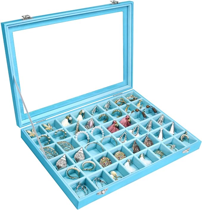 Siveit Jewelry Tray Organizer Box 48 Grid Jewelry Display Organizer Box with Transparent Lid Rings Earrings Necklaces Pendants Display Box Suitable for Women and Girls (48 Grid, Sky Blue)