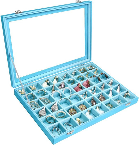 Siveit Jewelry Tray Organizer Box 48 Grid Jewelry Display Organizer Box with Transparent Lid Rings Earrings Necklaces Pendants Display Box Suitable for Women and Girls (48 Grid, Sky Blue)