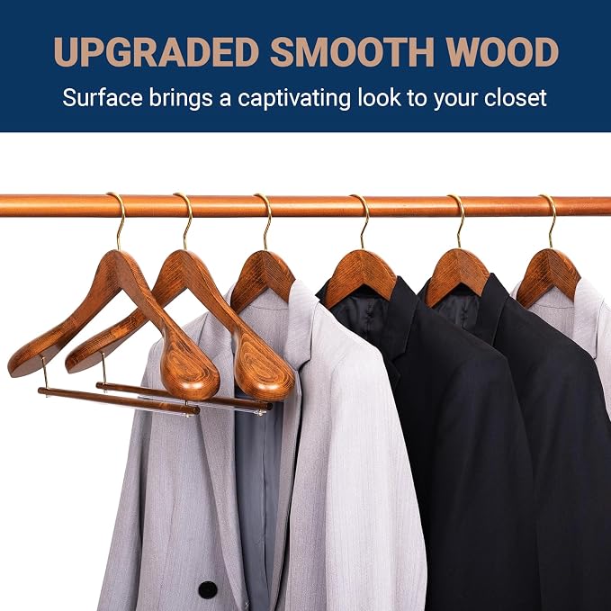 Amber Home 6 Pack Wide Shoulder Wooden Suit Hangers, Vintage | Antique Wood Coat Hangers with Non Slip Pants Bar, Clothes Hangers for Jackets, Sweaters, Pants & Heavy Clothes