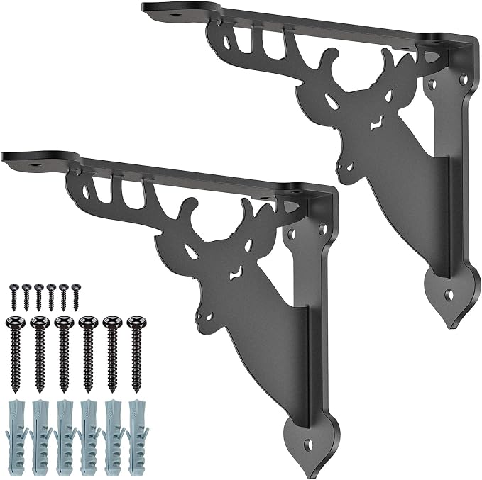 SELEWARE Heavy Duty Shelf Brackets 8 Inch, Deer Shelves Brackets, 300LB Capacity Decorative Metal L Brackets for Floating Shelves, Black Rustic Wall Mount Shelving Bracket with Screws, 2 Pack