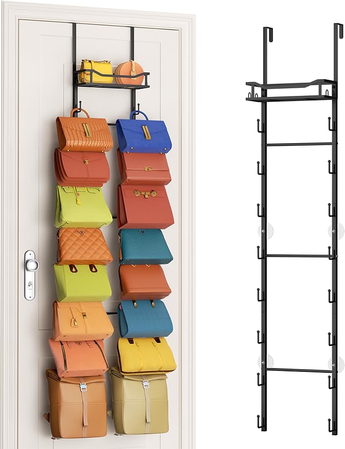 SWTYMIKI Over The Door Purse Organizer - Wall Mounted Purse Rack with 16 Hooks and Metal Basket, Handbag Hanger Organizer Holds up to 16 Bags, Bag Rack Can Use As 1/2 Part, for Door, Closet