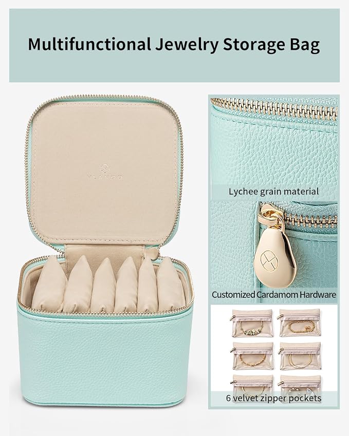 VLANDO Travel Jewelry Box,Jewelry Travel Case with 6 Velvet Jewelry Zipper Pockets Travel Jewelry Organizer for Ring Bracelet Christmas Wedding Birthday Gifts for Wife Daughter Lake Blue