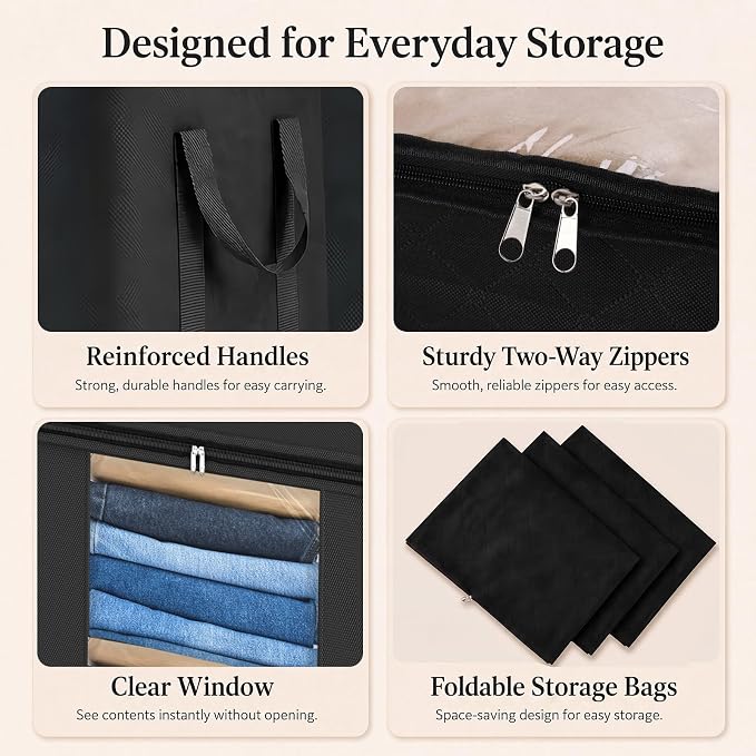 Fixwal Blanket Storage Bags 120L for Comforter Clothes Bedding 2 Pack Black