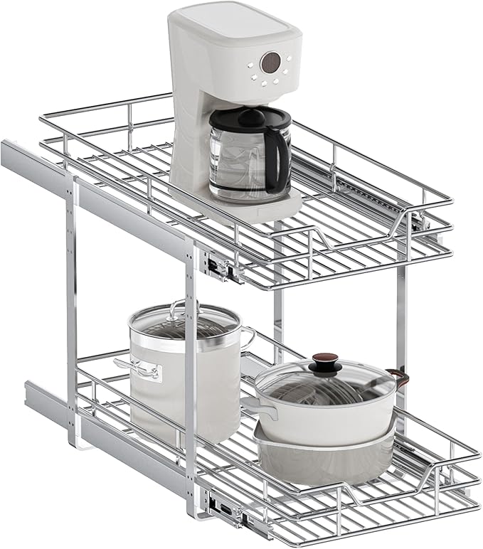 2-Tier Pull Out Cabinet Organizer, 13.5" W x 18" D, Heavy Duty Dual Slide Out Shelves for Base Cabinets, Chrome Wire Basket Drawer for Pantry, Kitchen & Bathroom Storage