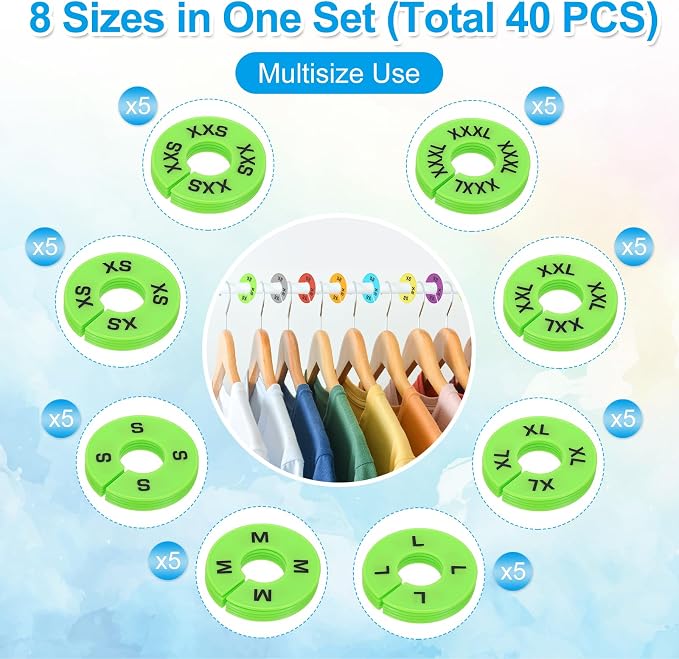 PATIKIL Clothes Dividers for Hanging Clothes, 40 Pack 8 Sizes Round Pre-written Clothing Rack Dividers Size Mark Label Sorting Separator for Closet, Green