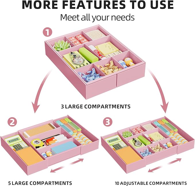 Marbrasse Expandable Desk Drawer Organizer, Clear Plastic Drawer Organizer Tray with 10 Adjustable Compartments, Desk Organizers and Accessories, 5 Drawer Dividers for Office Supplies, Makeup (Pink)
