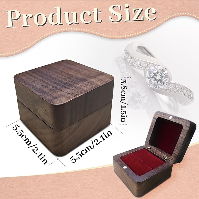 Wooden Ring Box, Square Wedding Holder With Single Slot, Retro Engagement Proposal Box for Ceremony (Red)