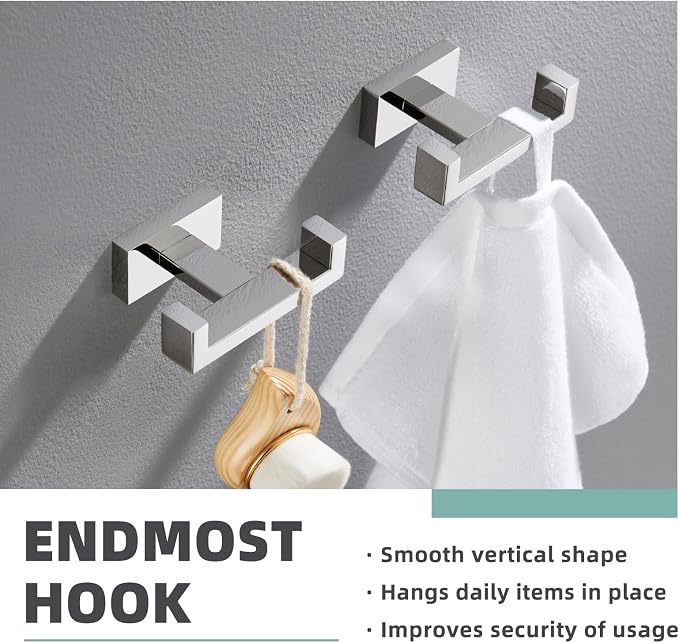APLusee Double Robe Towel Hook Polished Chrome 2 Pack, 304 Stainless Steel Square Towel Hanger, Minimalist Coat Holder for Modern Bathroom Washroom