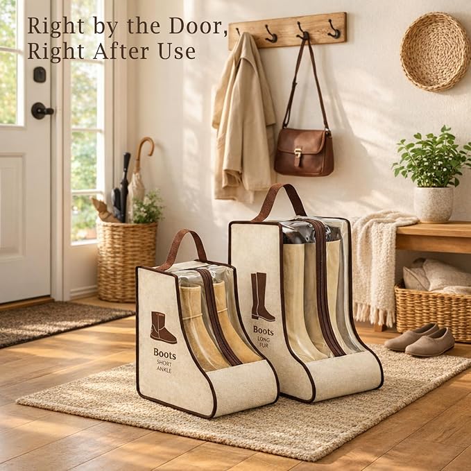 4 Pack Portable Boot Storage Bag,2 Tall & 2 Short Boot Storage Bag with Clear Window, Zipper and Handle, Travel Friendly Shoe Storage for Boots, Closet Organization,Beige