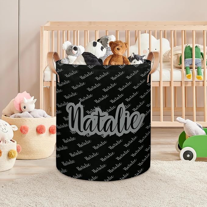 Personalized Laundry Basket, Custom Gift Laundry Hamper, Collapsible Nursery Waterproof Laundry Baskets, Dirty Clothes Toy Hamper with Handles Name Text Gray