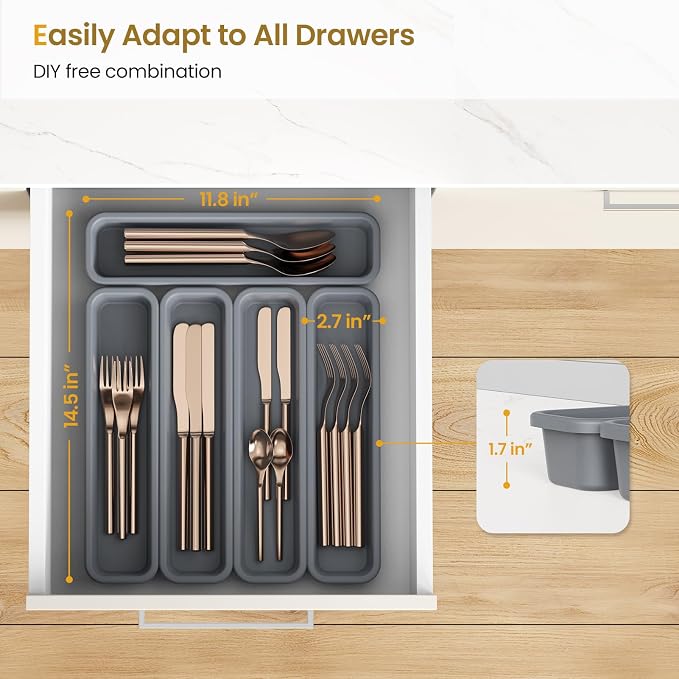 5 Pack Silicone Drawer Organizer for Kitchen, DIY Free Combination Silverware Organizer, Utensil Drawer Organizer, Moisture-proof and Heat-resistant up to 200°C, Anti-slip Design (Grey)