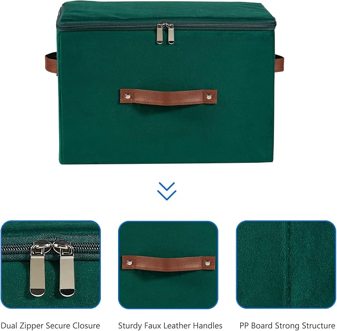 Storage Bins with Zipper Lid Velvet Fabric Storage Boxes Lidded Baskets Foldable Washable Decorative Closet Shelf Clothes Organizer Container with PU Leather Handles (Deep Green, Large)