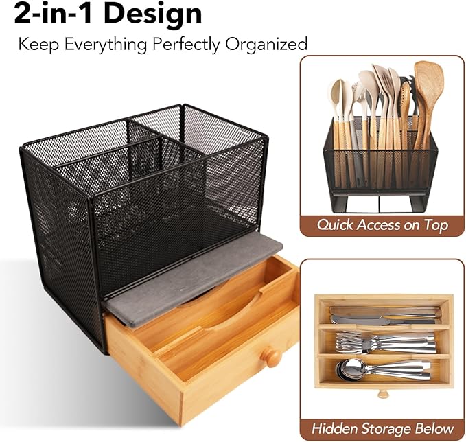 Kitchen Utensil Holder Countertop, Extra Large Utensil Organizer with Drawer, 2-Tier Utensil & Silverware Organizer for Kitchen Counter, Cooking Utensil Cutlery Caddy, Quick Dry Diatomite Base