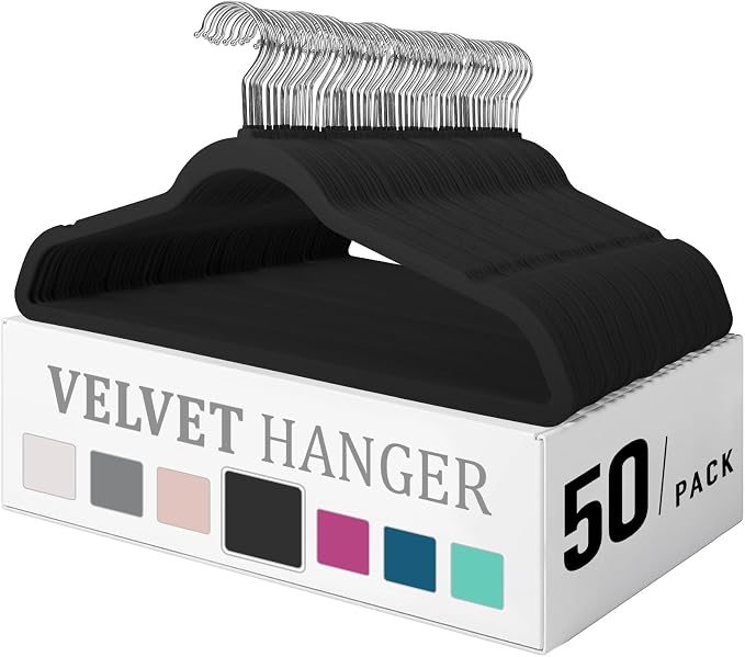 Premium Velvet Hangers 50 Pack, Heavy Duty Study Black Hangers for Coats, Suit & Dress - Non Slip Clothes Hanger Set - Space Saving Felt Hangers for Clothing