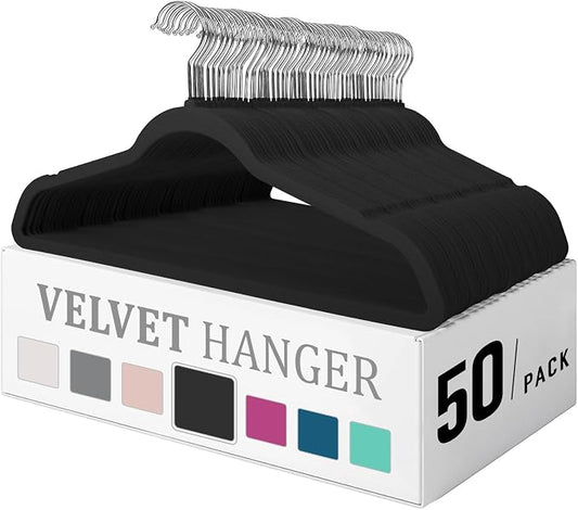 Premium Velvet Hangers 50 Pack, Heavy Duty Study Black Hangers for Coats, Suit & Dress - Non Slip Clothes Hanger Set - Space Saving Felt Hangers for Clothing