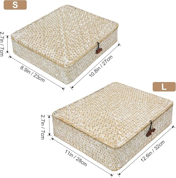 Set of 2 Flat Seagrass Storage Bins with Lid Wicker Storage Baskets for Organizing, Woven Shelf Organizer Bins Home Utility Organizer Box for Home & Office Supplies