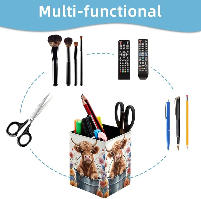Pen Holder for Desk, Highland Cow Floral Pencil Holder, Pen Cup Functional Desk Organizer for Office Supplies