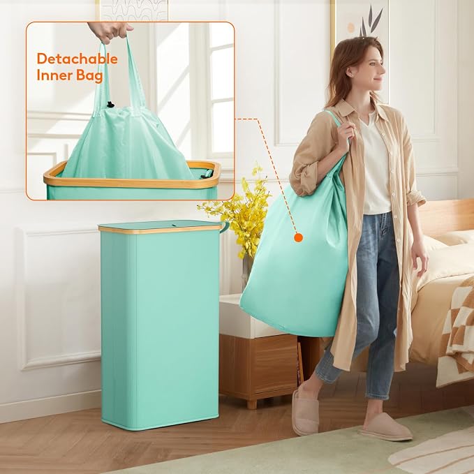 Lifewit 75L Slim Laundry Hamper with Lid, Narrow Laundry Basket with Removable Bag & Bamboo Handles, Fodable Thin Dirty Clothes Hamper for Laundry Collapsible Bin for Bathroom Bedroom Dorm, Sage Green