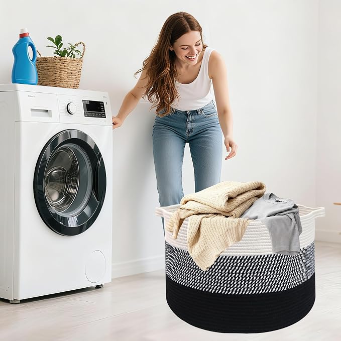 115L Extra Large Blanket Basket,Woven Rope Laundry Basket Hamper with Handles, Decorative Nursery Basket Storage Bin for Toys, Clothes Organizer, Living Room, Bedroom, Bathroom, Black