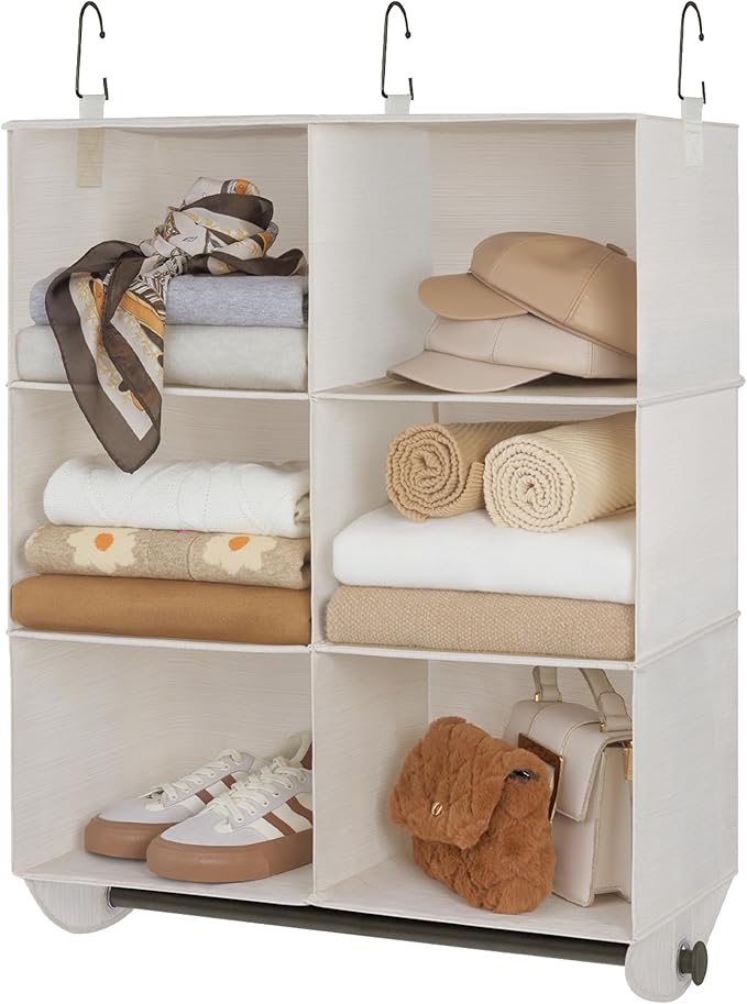 StorageWorks Hanging Closet Organizer with Metal Rod, 6-Section Closet Organizers and Storage, Collapsible Hanging Shelves for Baby Clothes, Shoes, Sweater Storage, Ivory and White