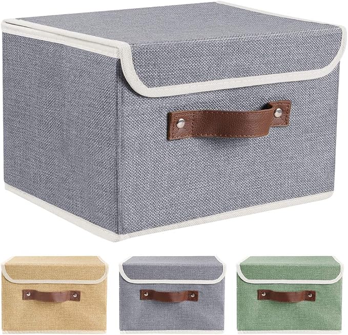 2Pack Storage Bins Boxes with Lids 15"x10"x10" Decorative Storage Baskets | Cotton Linen Fabric, Collapsible, Faux Leather Handles, Storage Cubes, Closet Shelf Clothes Organizer Container, Grey