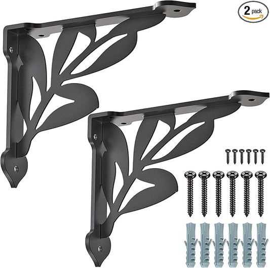 SELEWARE Heavy Duty Shelf Brackets 10 Inch, Branch Shelves Brackets, 300LB Capacity Decorative Metal L Brackets for Floating Shelves, Black Rustic Wall Mount Shelving Bracket with Screws, 2 Pack