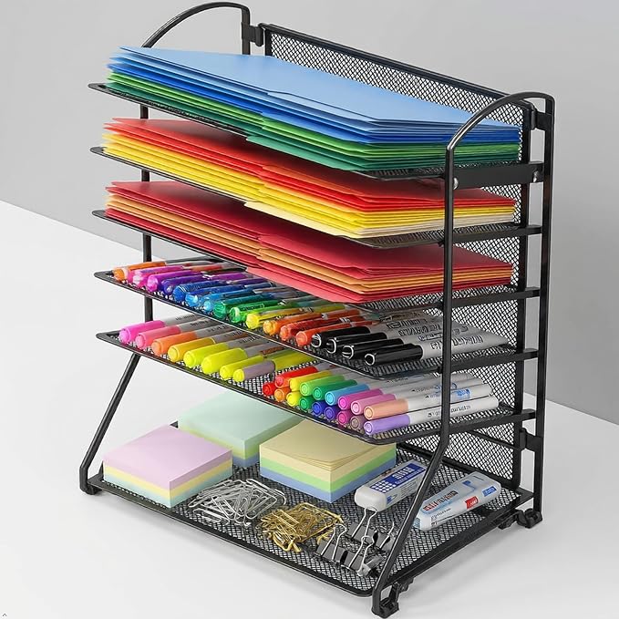 Simple Houseware 6-Tier Sliding File Organizer, Desk Letter Tray for Document and Mail Sorting, Black