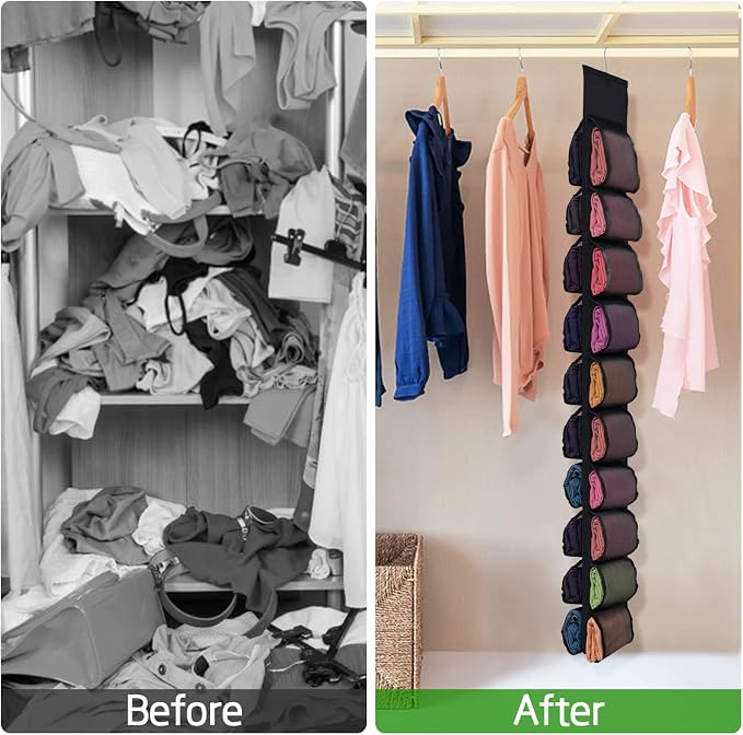 Aulock 2 Pack Legging Storage Organizer, Hanging Closet Organizer System, Black Clothes Closets Holder with 20 Roll Independent Compartments for Yoga T-Shirts Bras Socks Pants Tank Top Towel