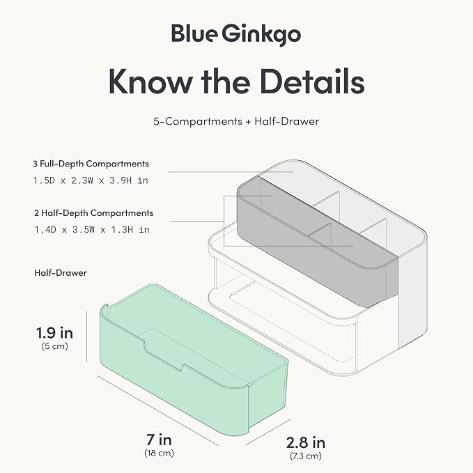 BLUE GINKGO Compact Desk Organizer – Small 5-Compartment, Half Drawer Storage – Pen Holder, Stationery Organizer for Desktop, Vanity, Shelf (Made in Korea, Blue)