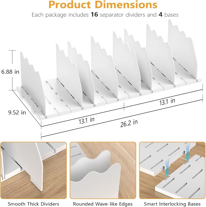 Ronlap Purse Storage Organizer for Closet White Shelf Dividers Rack, 4 Pack | White separators keep handbags, totes, clutches & purses upright & visible on shelves for closet storage and organization