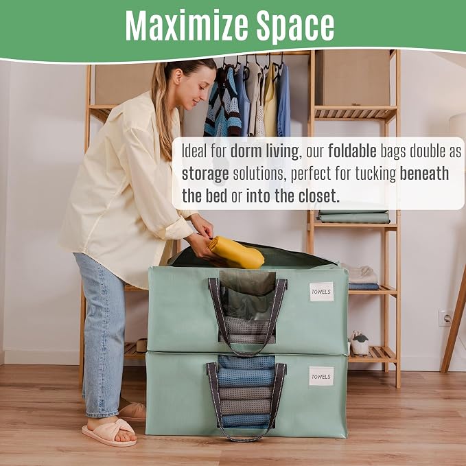VENO 6 Pack Heavy Duty Moving Bags, Packing Bags with Clear Window, Alternative to Moving Boxes, Storage Bins for Clothes, Blankets, Comforters, College Dorm Essentials (Shiny Light Green, 6 Pack)