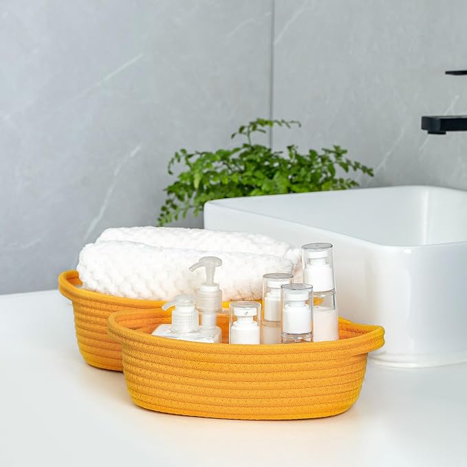 CubesLand Small Storage Basket Cotton Rope Organizer Baskets for Shelves | Set of 5 Decorative Closet Storage Bins with Handle for Countertop, Toilet Paper Basket for Toilet Tank Top, Yellow Basket