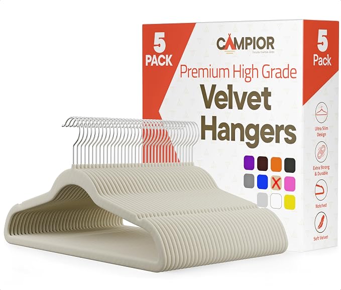 Ivory Velvet Hangers 5 Pack – 360° Swivel Hook, Non-Slip and Space Saving Hangers, Heavy-Duty 11 lbs Weight Capacity - Smooth Velvet Finish for Crease-Free Clothes and Effortless Closet Organization