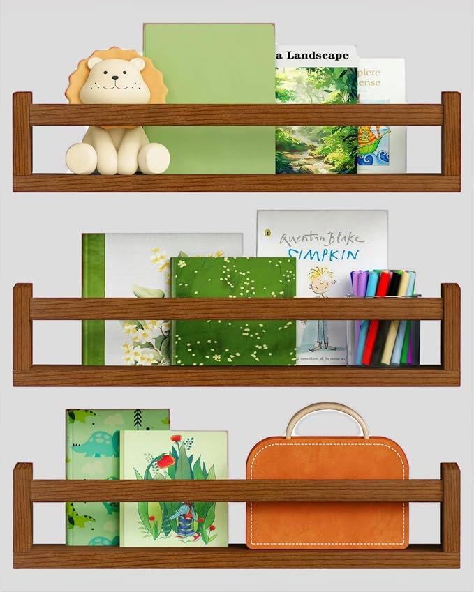 Harwaya Walnut Brown Nursery Book Shelves Wall Mounted, Wooden Floating Bookshelf for Kids Room Bedroom, Dark Wood Nursery Bookshelves for Kitchen Classroom Playroom (Solid Pine, 3-Pack)