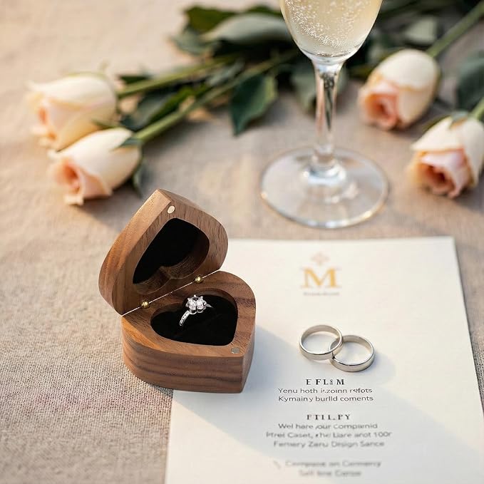 Engagement Proposal Ring Box Secret Slim Engraved Wooden Heart Case | Engrave"The adventure begins", Walnut Wood Ring Bearer Box Jewelry Storage Holder Display for Wedding Ceremony Commemoration