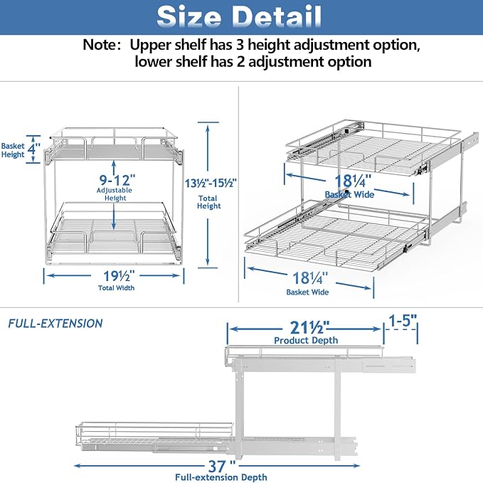 2 Tier Individual Pull Out Cabinet Organizer 19½" W x 21½" D, Heavy Duty Cabinet Pull Out Shelves, Slide Out Drawers Organization for Kitchen Cabinets Bathroom