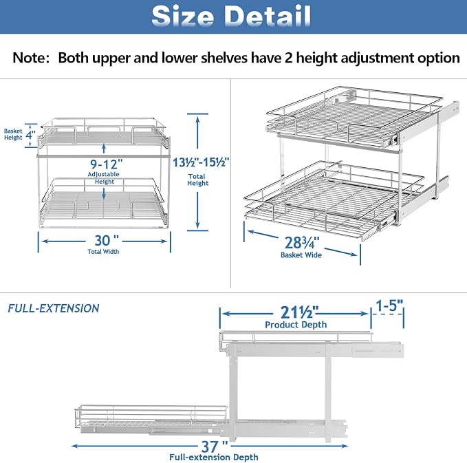 LOVMOR Individual Pull Out Cabinet Organizer, 2 Tier Slide Out Cabinet Drawers, Pots and Pans Organizer and Storage Pantry Shelf for Kitchen (30" W x 21½" D)