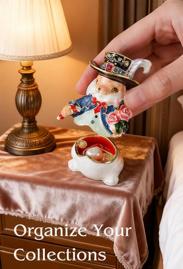 Hand Painted Trinket Box Enamel Vintage Jewelry Box Mr. Rabbit Hinged Metal Jewelry Organizer Decorative Treasure Box Unique Valentine's Day