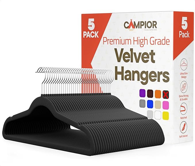 Black Velvet Hangers 5 Pack – 360° Swivel Hook, Non-Slip and Space Saving Hangers, Heavy-Duty 11 lbs Weight Capacity - Smooth Velvet Finish for Crease-Free Clothes and Effortless Closet Organization