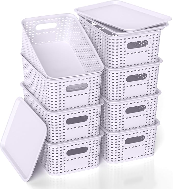 Plastic Storage Basket with Lid, Stackable Small Box Bins for Organizing and Containers for Shelves Drawers Desktop Closet Playroom Pantry Classroom Office Home, 8 Pack 10.2"x7.2"x4.1" Lavender