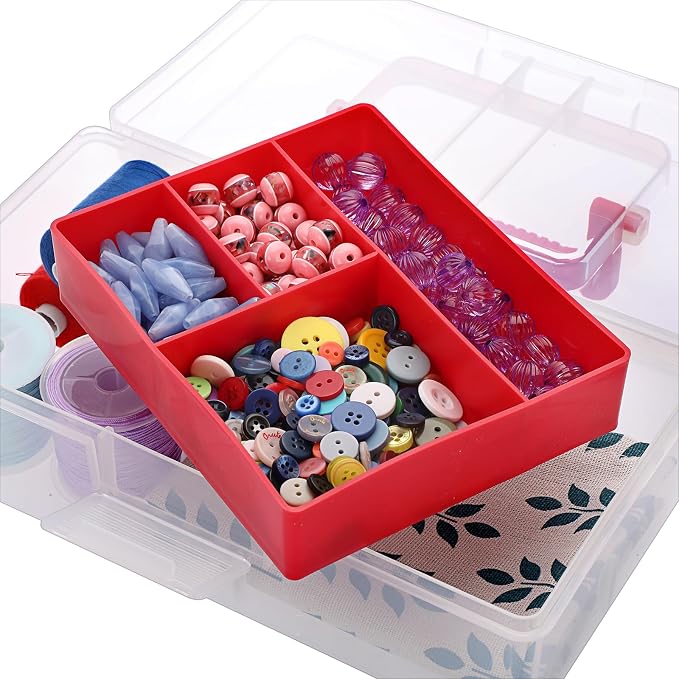 JUXYES Clear Art Craft Supply Storage Bin Sewing Box With Handle Lid | Plastic Carry Storage Box with Removable Tray, 2 Layers Portable Storage Case for Art Craft, Sewing, School Office Supplies