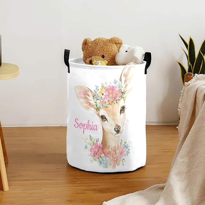 Deer Pink Florals Laundry Basket Hamper Large Storage Bin with Handles for Gift Baskets, Bedroom, Clothes