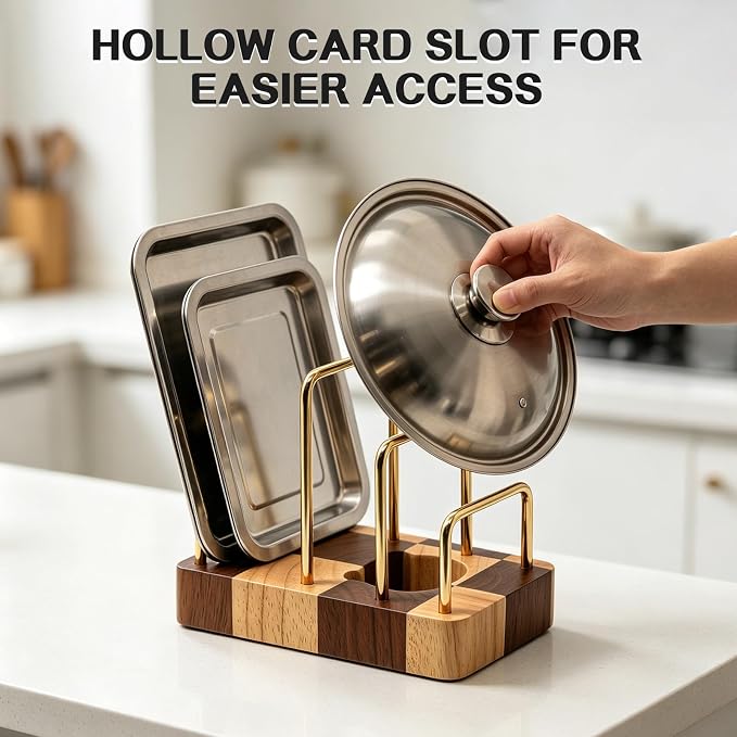 Chopping Board Rack with Rubberwood Base – 3 Slot Wood Cutting Board Holder Pot Lid Stand, Baking Trays Pans Plates Cabinet Storage Divider Accessory for Home Countertop Kitchen Storage & Organizer