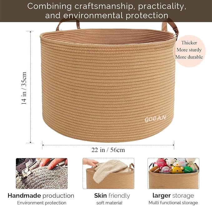 GOCAN Extra Large Storage Laundry Basket 22" X 22"X 14" Cotton Rope Woven Basket for Blanket Basket with Handles for Living Room Toys Storage XXXL (Pure Jute)