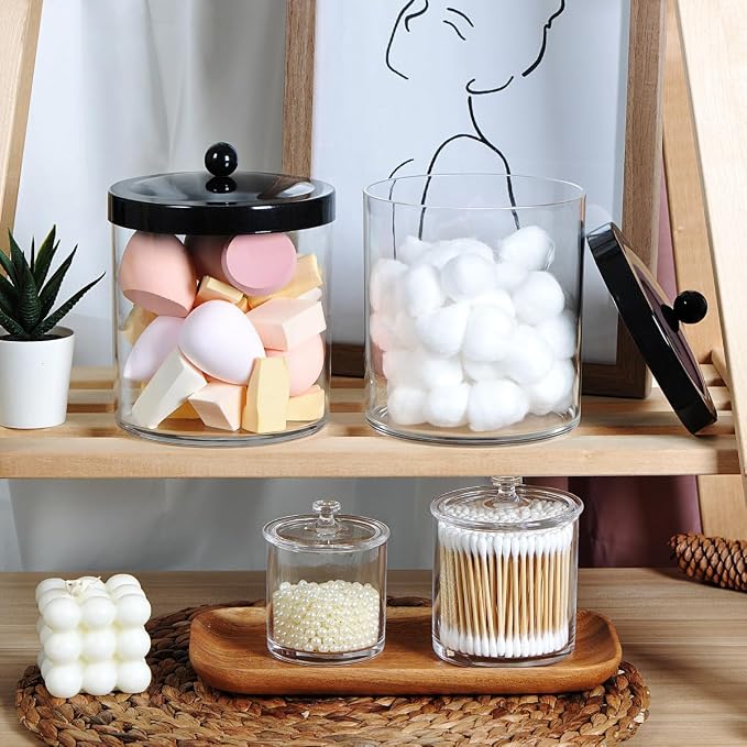 SheeChung 2-Pack Plastic Apothecary Jars with Black Metal Lids-Clear Acrylic Qtip Holder Set-Shatterproof Bathroom Vanity Organizer for Cotton Balls, Swabs, Pads-Modern Farmhouse Chic Decor