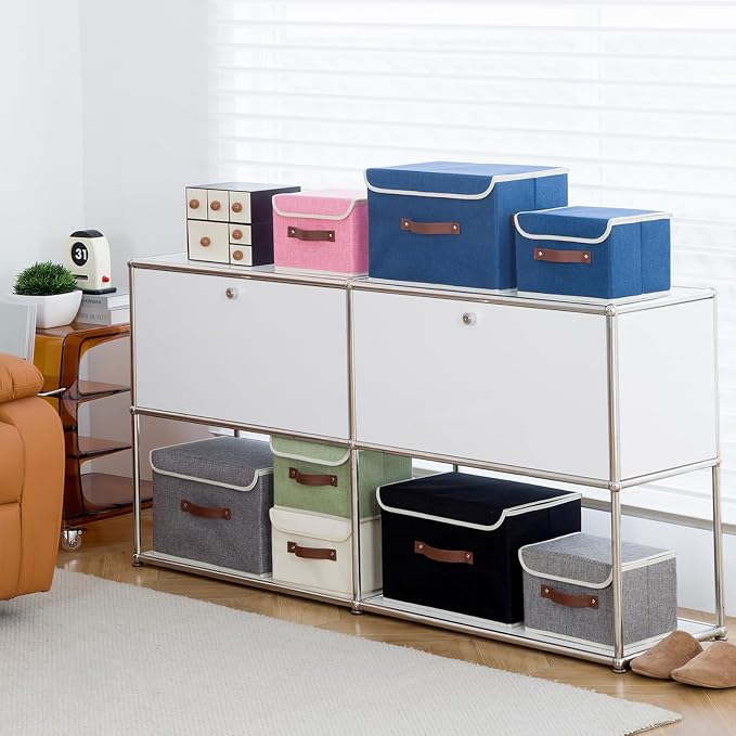 Collapsible Storage Boxes Baskets with Lid Cotton Linen Fabric Storage Bins with Faux Leather Handles Decorative Washable Cube Organizer Container for Home Closet Bedroom (Gray, Small Size)