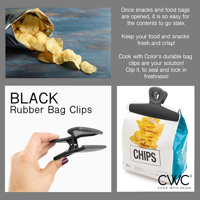 COOK WITH COLOR Food Clips - Wide Heavy Duty Chip Clips, Large Bag Clips for Food Storage with Air Tight Seal Grip, Pack of 4, Black