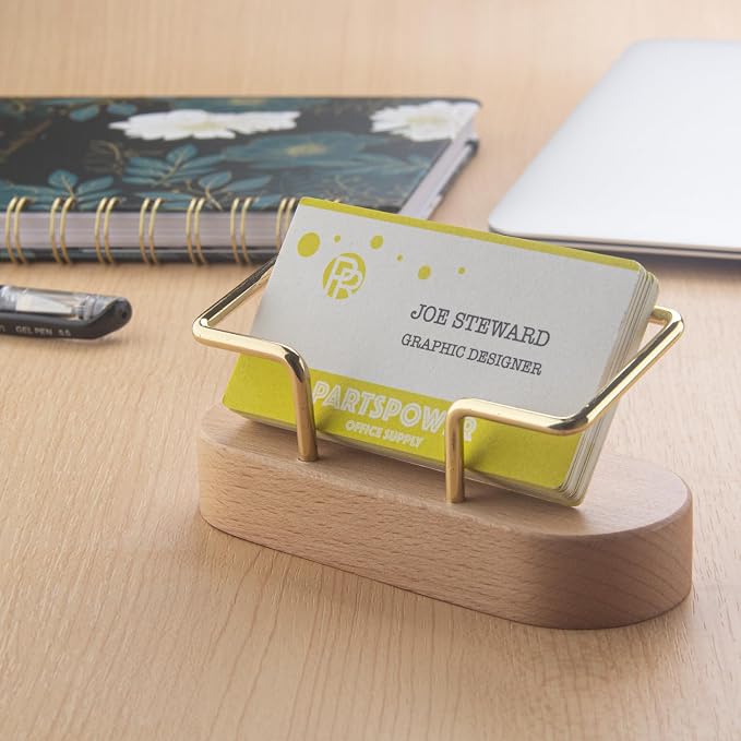 PARTSPOWER Wood Business Card Holder for Desk, Horizontal Wooden Business Name Card Display Stand, Desk Accessory Business Name Card Organizer (Beech Wood)