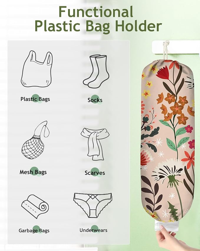 Plastic Bag Holder Organizer - 1 Pack Reusable Canvas Grocery Bags Holder Hanging Wall Cute Aesthetic Shopping Bag Storage Dispenser with Drawstring Closure for Kitchen Home, Dandelion